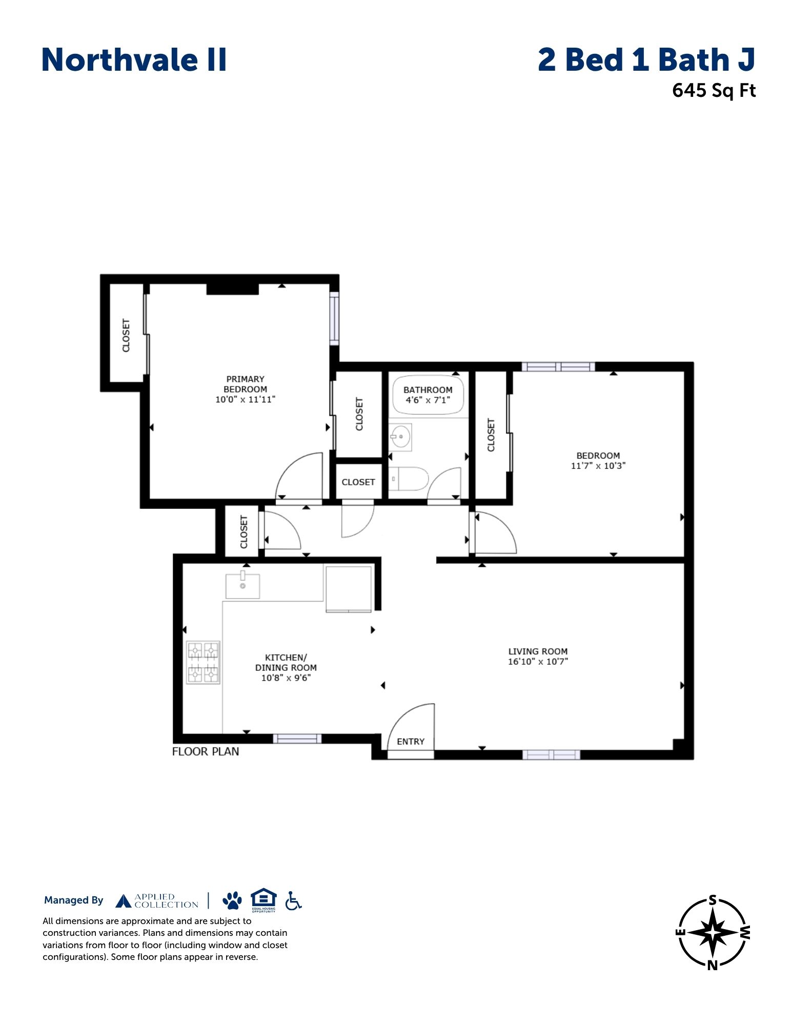 Floor plan for 2 beds, 1 bath, 642 sqft